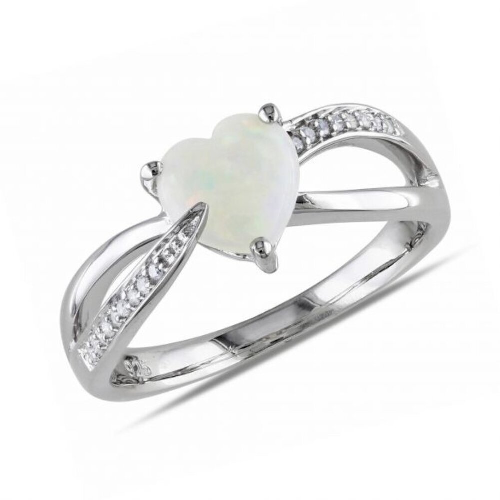 Genuine Opal Heart and Diamond Crossover Ring in Sterling Silver 1/20ctw